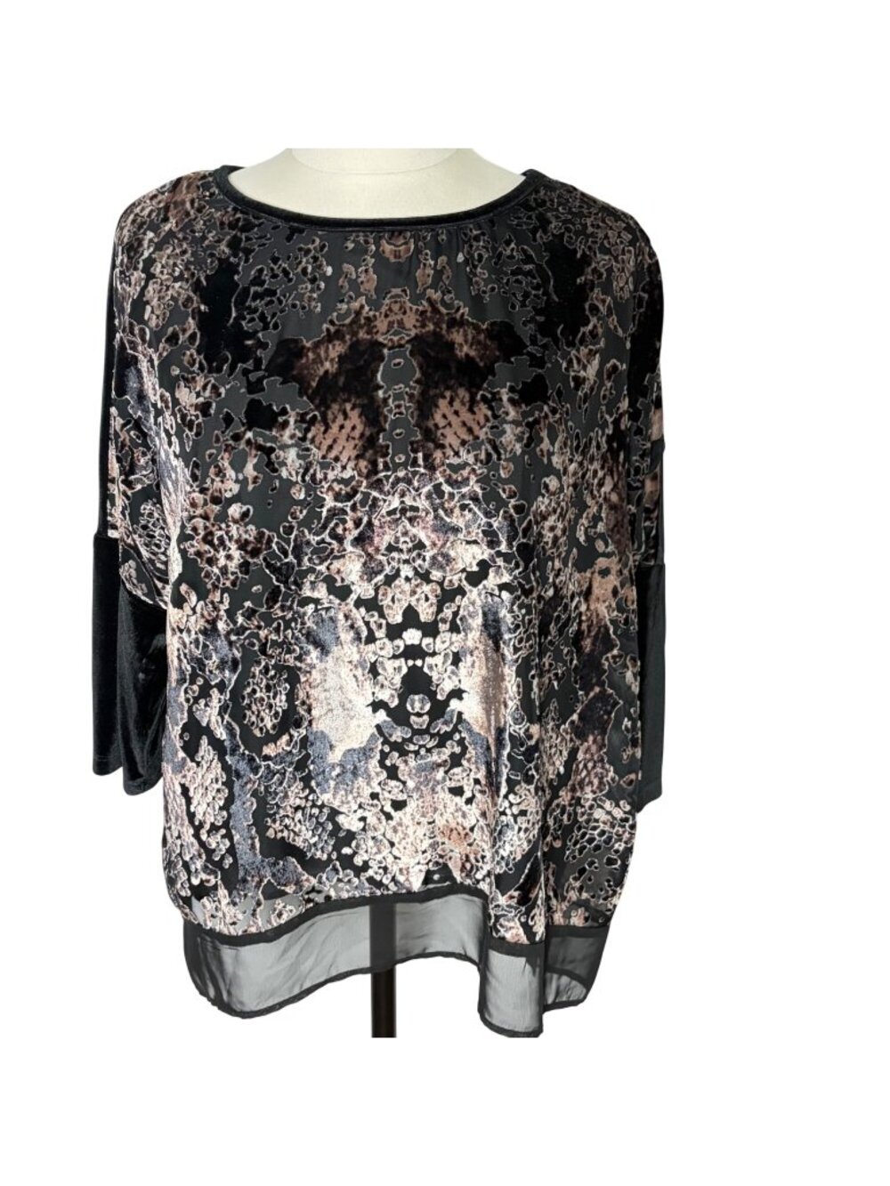 Chicos Velvet Burnout Tunic Top 2 Large Sheer Hem Black Champagne Boho Evening